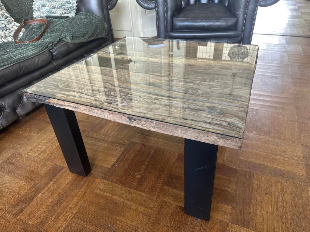 Salontafel 80x80 met facet geslepen glasplaat, Gebruikt, Vierkant, Glas, Minder dan 50 cm