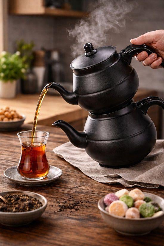 Mat Zwarte Aluminium Turkse Theepot – Dubbele Theepot, Ophalen, Overige materialen, Overige typen, Nieuw
