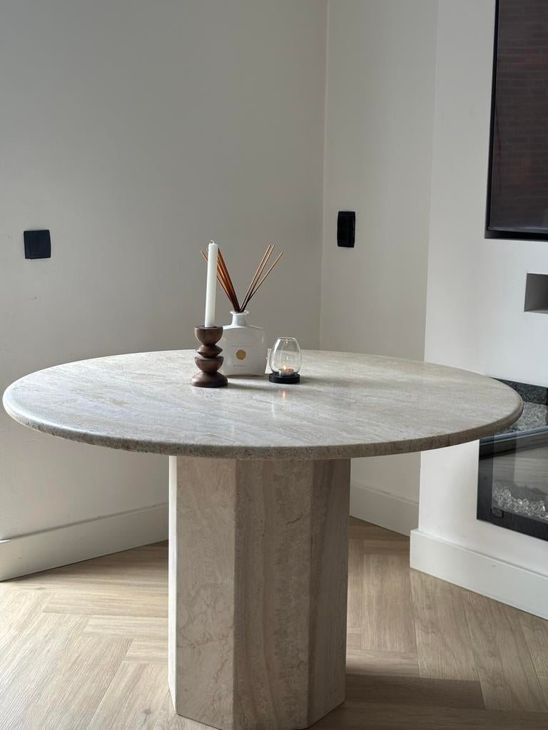 Travertin eettafel rond, Ophalen of Verzenden, Zo goed als nieuw, Rond, 100 tot 150 cm