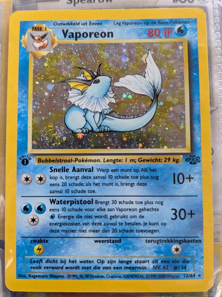 Zeldzame 1e editie Vaporeon Holo Pokémon kaart uit 1995, Ophalen, Zo goed als nieuw