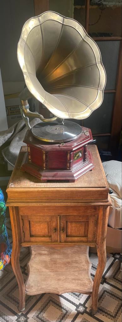 Antieke Grammofoon met Hoorn en Kast - Werkend, Audio, Tv en Foto, Platenspelers, Ophalen, Gebruikt, Platenspeler, Overige merken