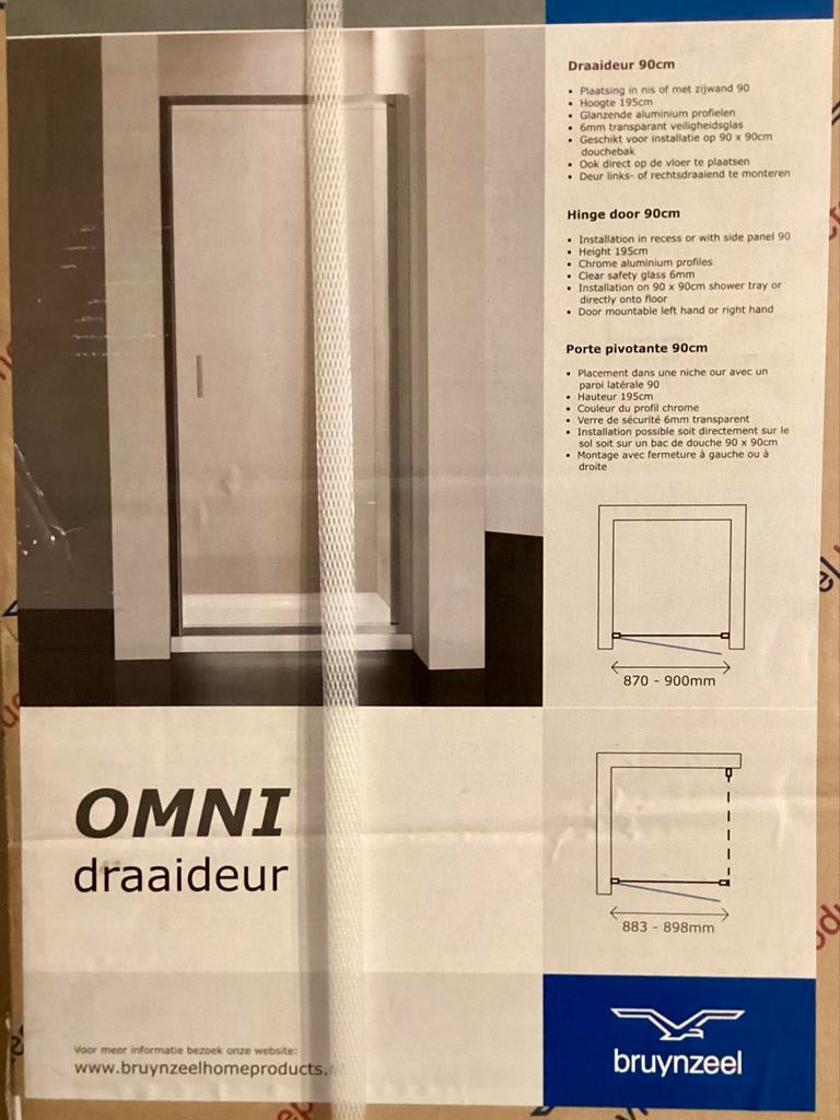 Bruynzeel OMNI draaideur douchecabine 90x90cm, Ophalen of Verzenden, Nieuw, Chroom, Douche