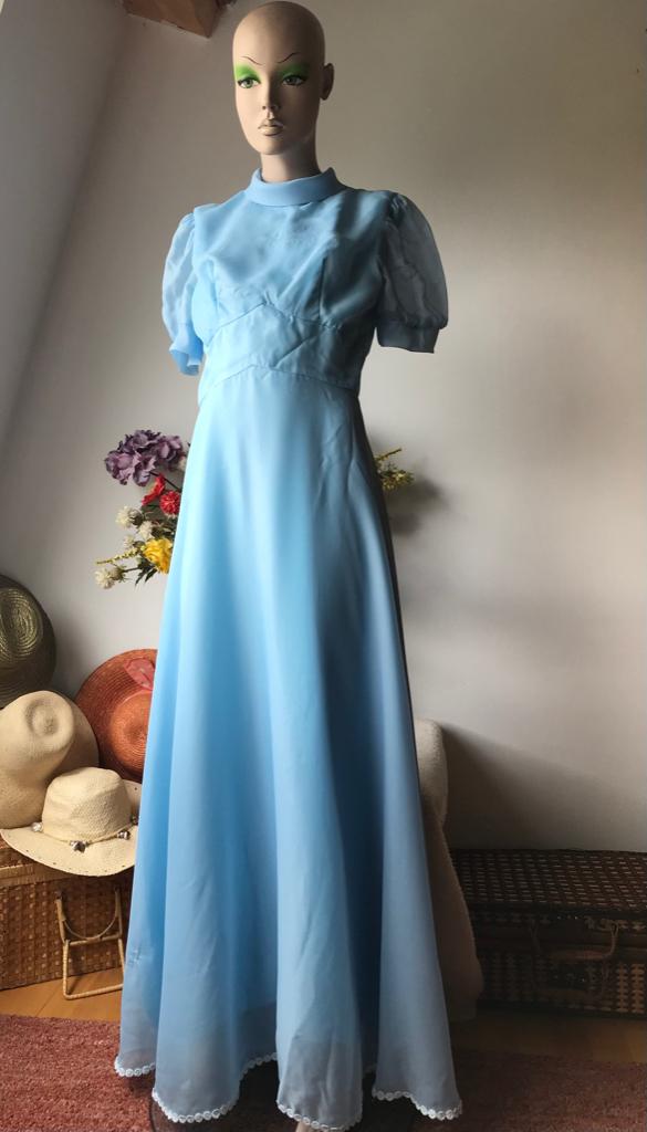 Jurk - Feestjurk - jaren 70 - bruidsmeisje - blauw - Vintage, Galajurk, Blauw, Ophalen of Verzenden, Zo goed als nieuw