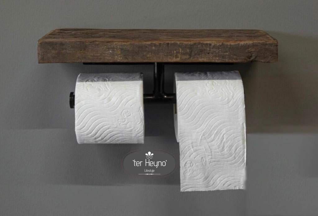 Oud houten toiletrol houder dubbel hout toilet stoer sober, Verzenden, Nieuw