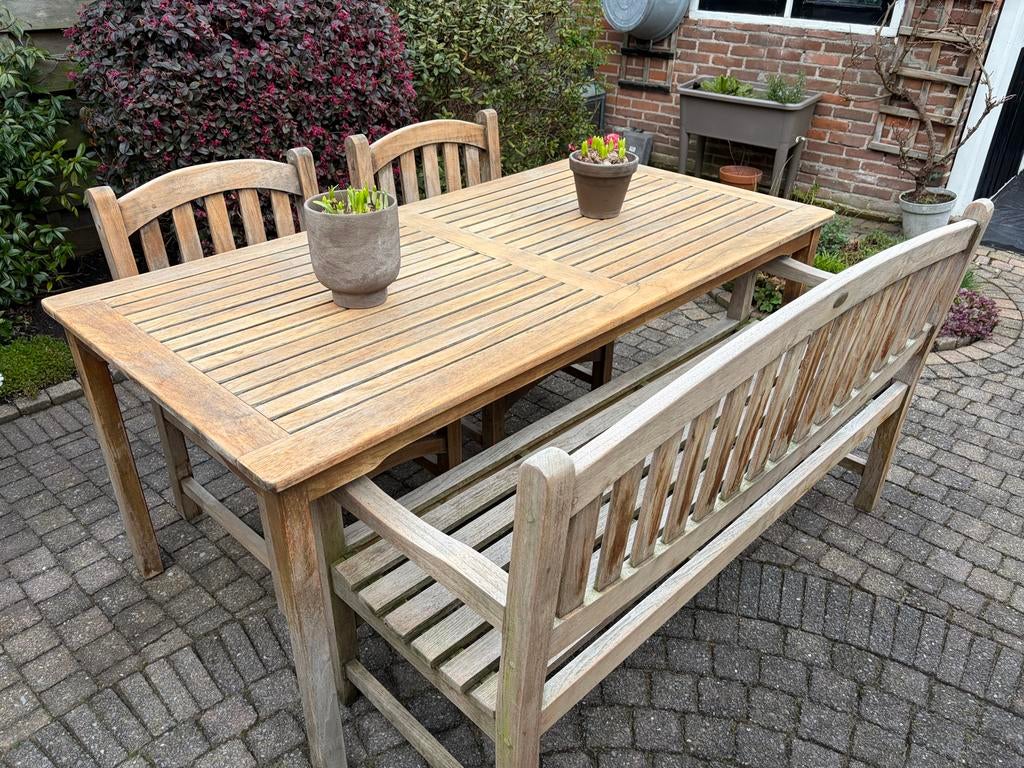 Zware stevige teakhouten  4 delige tuinset van EuruChair., Tuin en Terras, Ophalen, 4 zitplaatsen, Gebruikt, Eettafel