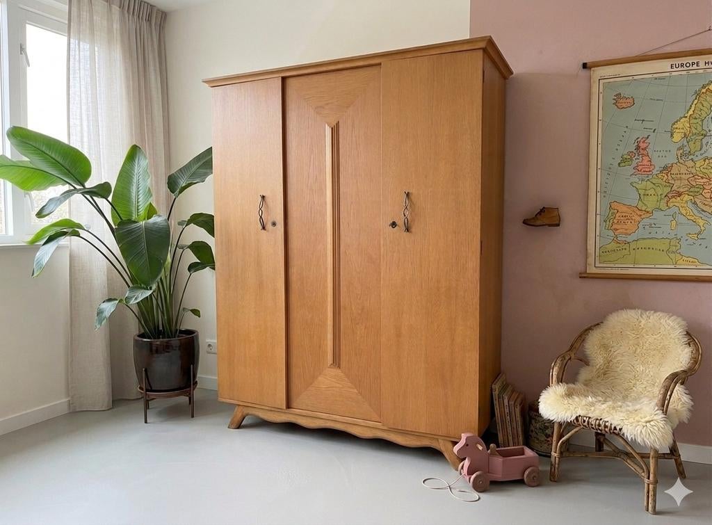 Demontabele Vintage Midcentury 3-deurs Kast Jaren 50/60, Huis en Inrichting, Kasten | Kledingkasten, Ophalen, Met deur(en), Gebruikt
