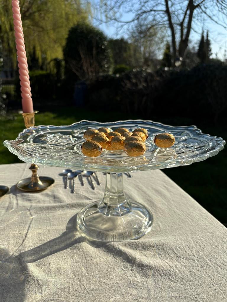 Mooi Groot Vintage Persglazen Taartplateau - Geslepen Design, Ophalen of Verzenden