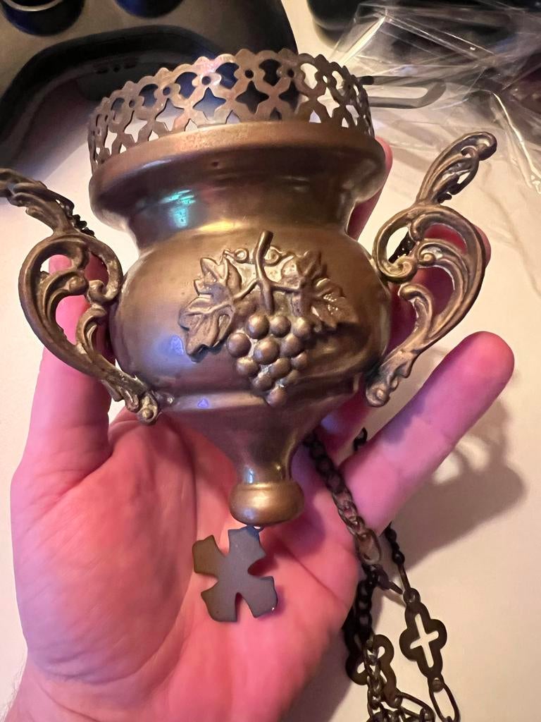 Antieke Koperen Godslamp met Muursteun - ca. 1900, Ophalen of Verzenden, Koper