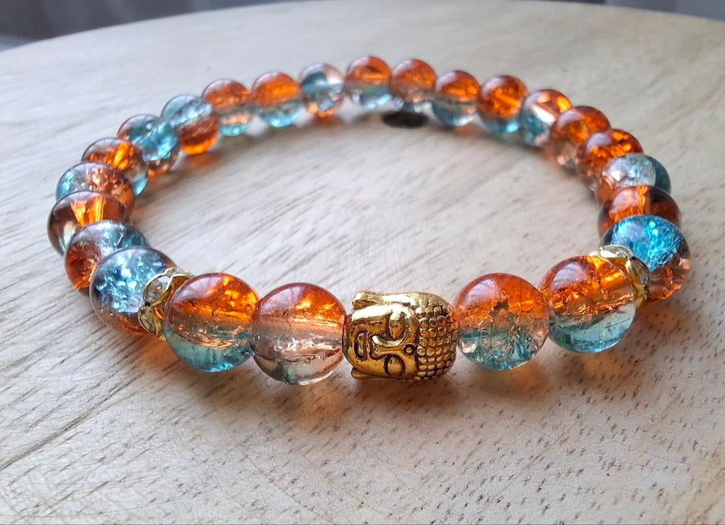 Armband buddha 8 mm glaskralen oranje blauw goud boeddha, Blauw, Nieuw, Ophalen of Verzenden, Elastiek