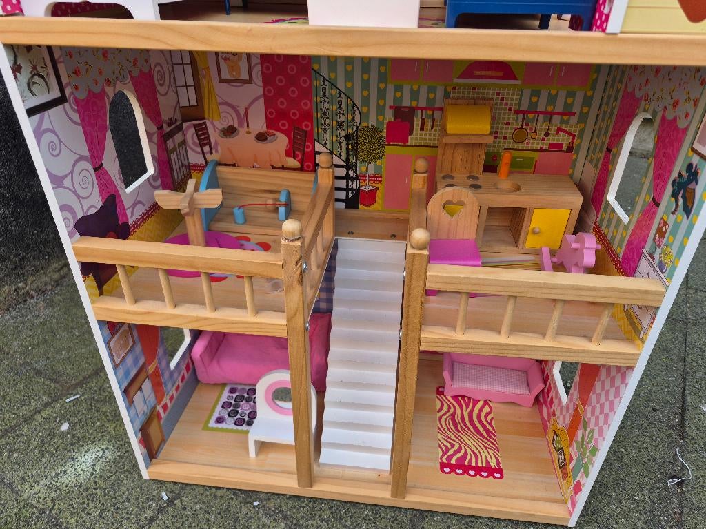 COSTWAY Poppenhuis van hout, poppenhuis met 3 etages & 15 st, Ophalen, Zo goed als nieuw, Poppenhuis