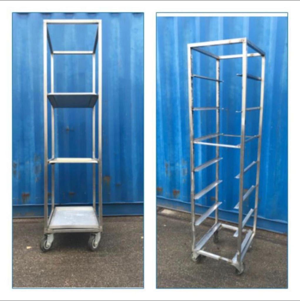 2 rvs mobiele dienbladwagens / Regaalwagen voor GN platen, Huis en Inrichting, Ophalen of Verzenden, Gebruikt