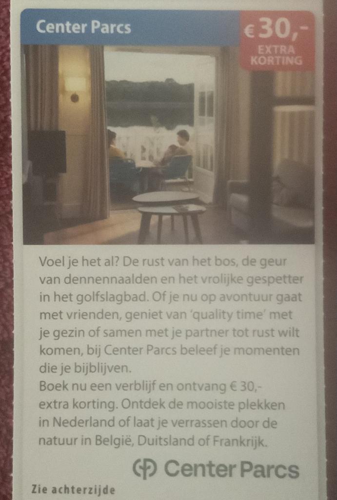 Center Parcs extra korting Voordeelbon, Tickets en Kaartjes, Drie personen of meer, Kortingsbon, Bungalowpark