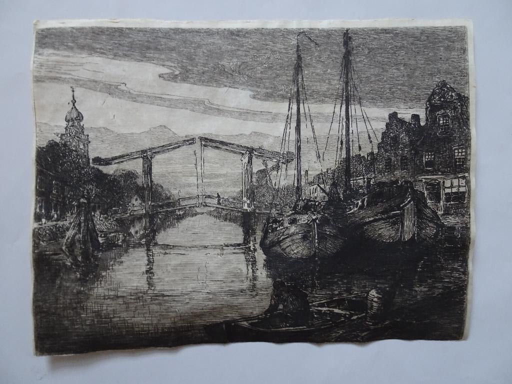 Ets stadsgezicht N-Holland ophaalbrug kotters, P. Matthes, Antiek en Kunst, Kunst | Etsen en Gravures, Verzenden