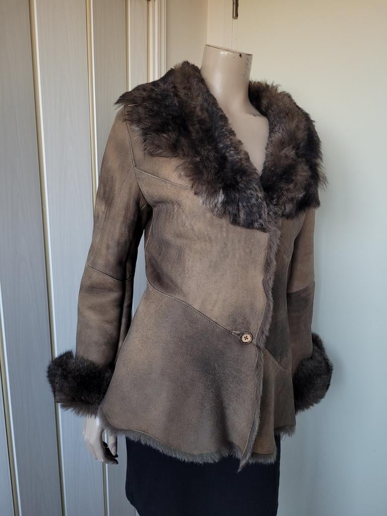 Skin Valley lammy coat jas leer lams maat 36/38, Bruin, Zo goed als nieuw, Maat 36 (S), Skin Valley