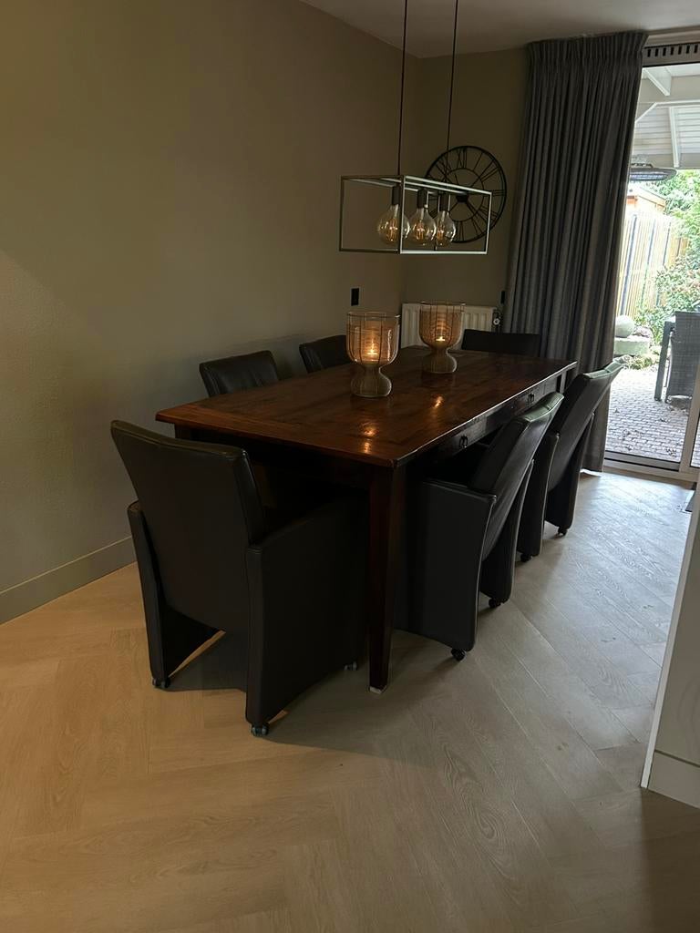 Koloniale eettafel met 6 lederen stoelen, Ophalen, Gebruikt, Koloniaal, Teakhout