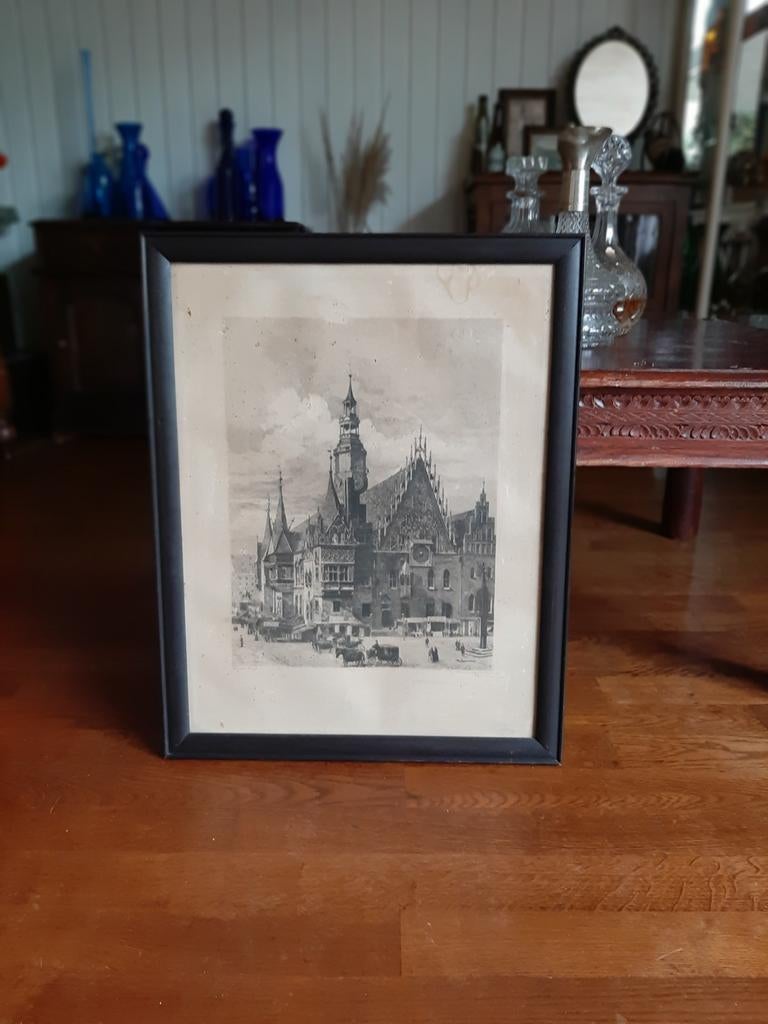 Otto Sager Radierung Breslau / Ets Wroclaw 1904 stadhuis, Antiek en Kunst, Kunst | Etsen en Gravures, Ophalen of Verzenden