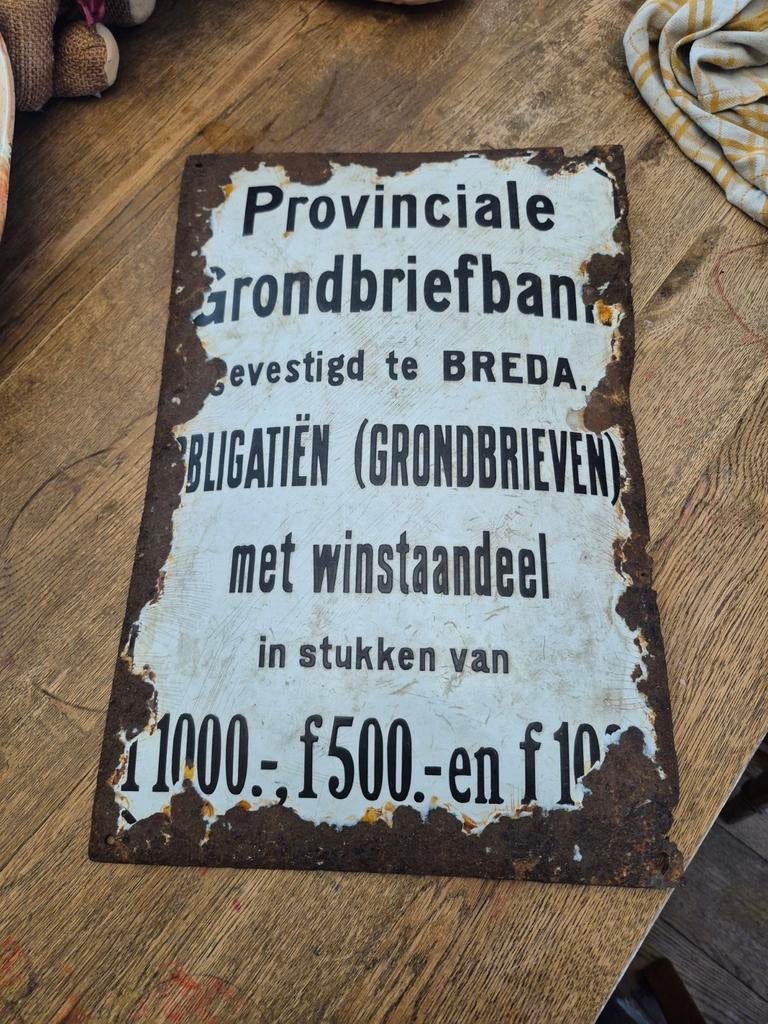 Oud emaille bord Provinciale Grondbriefbank Breda, Ophalen of Verzenden