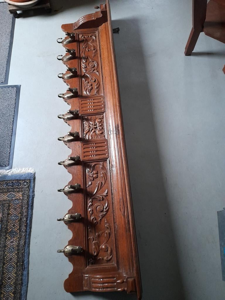 Eiken antieke wandkapstok met messing paardehoofdhaken, Gebruikt, Minder dan 100 cm, Hout, Ophalen