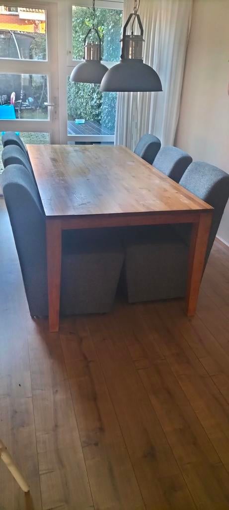 Eettafel met 6 stoelen - Hout en stof, Huis en Inrichting, Gebruikt, Overige materialen, 150 tot 200 cm, Modern