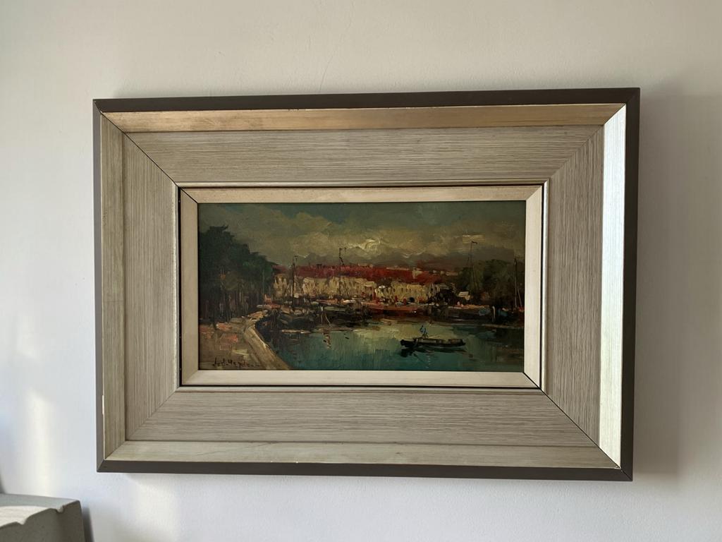 Olieverf schilderij van der Heyden, haven met zeilbootjes, Ophalen of Verzenden