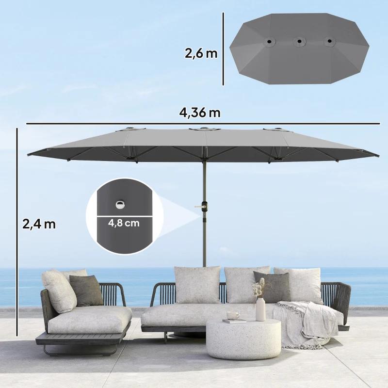 Grote Dubbele Parasol Grijs - 4.36m breed,UV30 NIEUW IN DOOS, Tuin en Terras, Parasols, Nieuw, Ophalen of Verzenden, Waterdicht