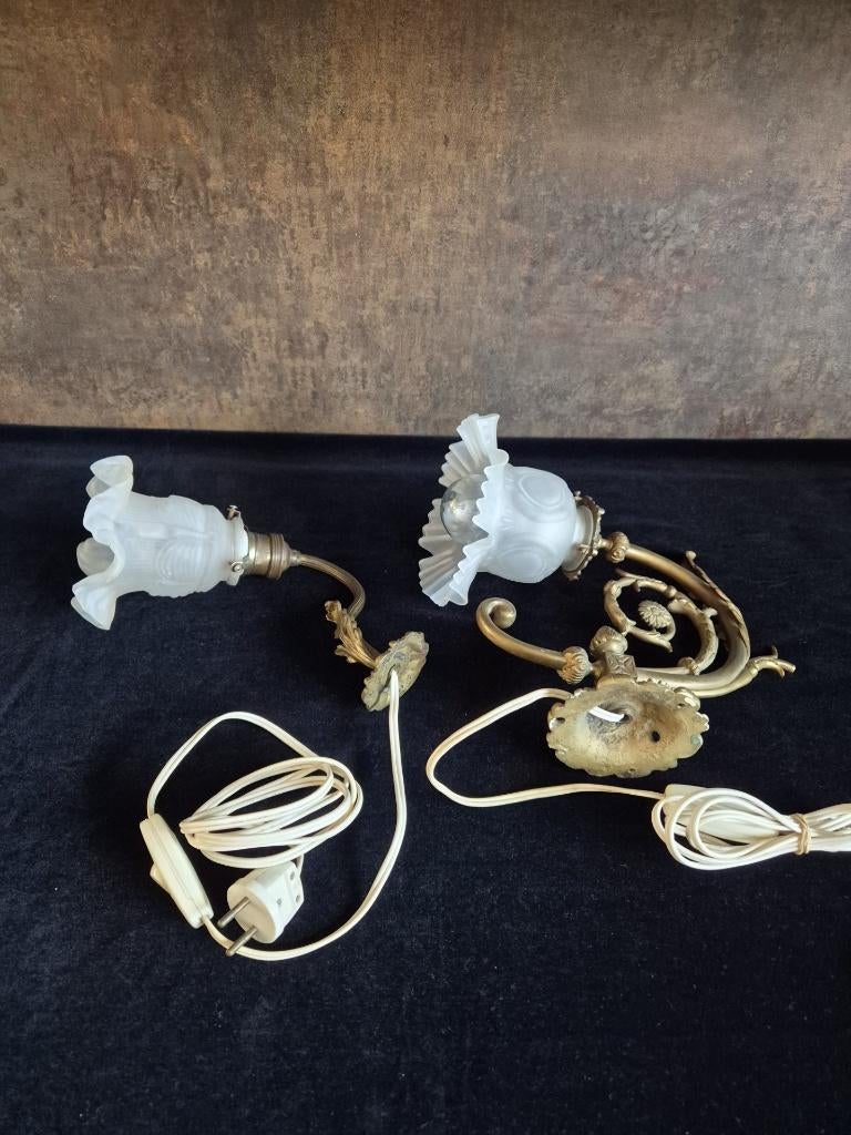 Brocante - Wandlampen - Glazen Kap - 2 Stuks - Koper/brons**, Ophalen of Verzenden, Gebruikt, Glas, VINTAGE    -   Art Nouveau