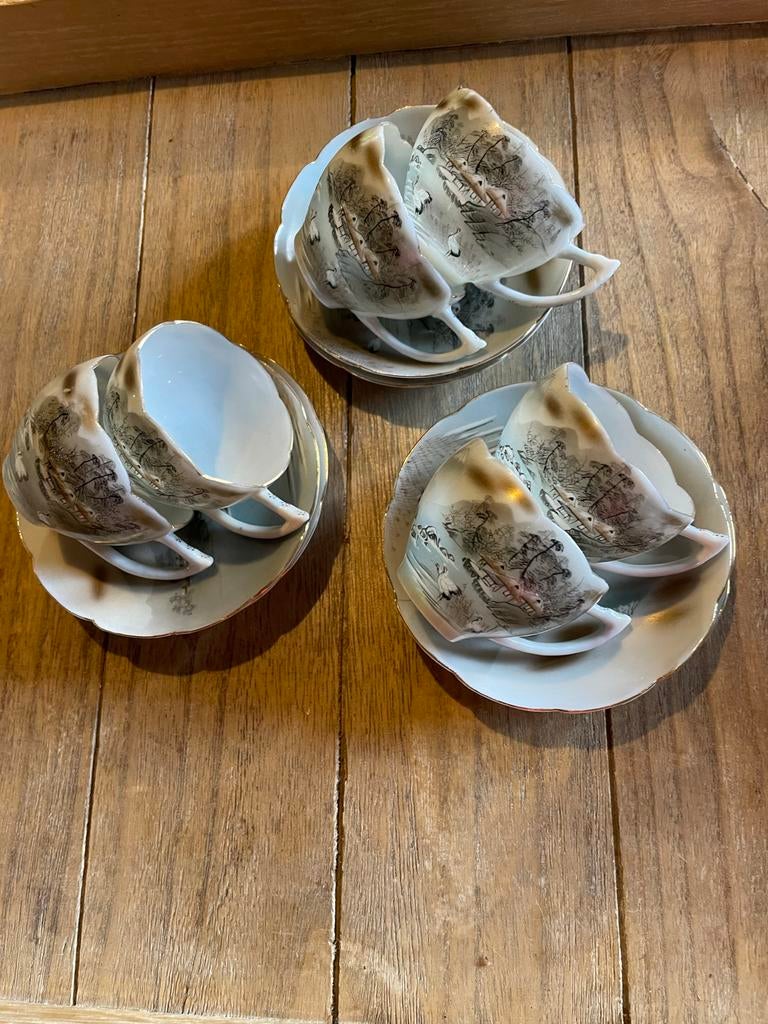 Vintage Japanse theeset met kraanvogels en landschap, Ophalen of Verzenden