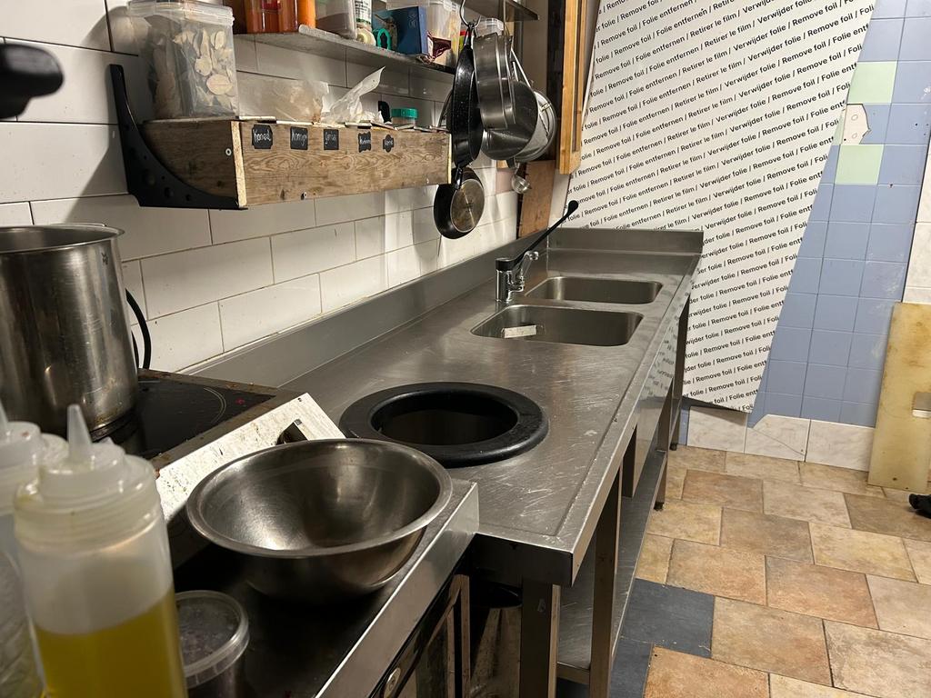 RVS Dubbele Spoelbak met Afvalgat - 2.48m breed, Ophalen, Gebruikt, RVS Meubilair