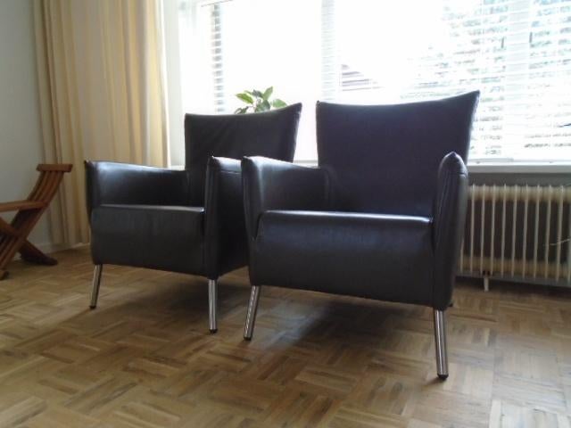 2x luxe relax design donker bruine leren fauteuil, stoelen, Ophalen, Minder dan 75 cm, Modern strak, Leer