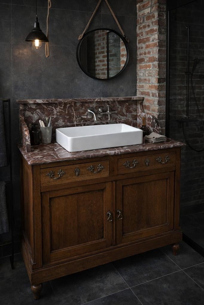 Antieke wastafel badkamermeubel marmer vintage kast eiken dr, 100 tot 150 cm, Ophalen of Verzenden, Minder dan 100 cm, Wasbak of Wastafel