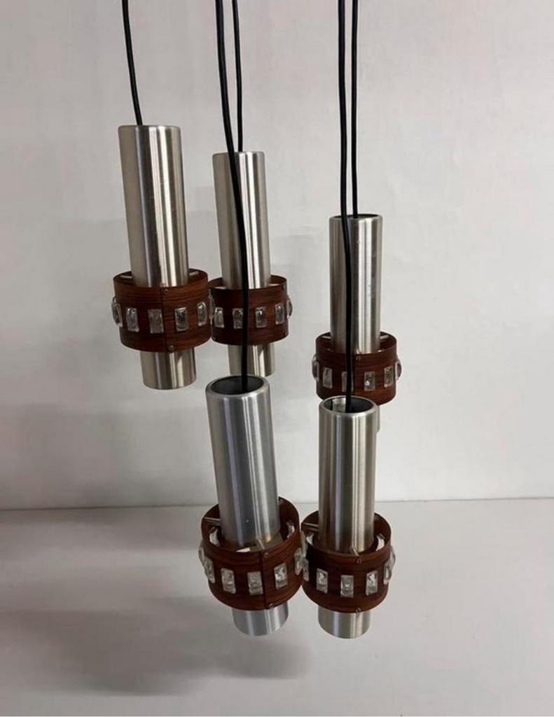 Vintage cascade hanglamp chroom houtlook glas jaren zeventig, Ophalen of Verzenden, Zo goed als nieuw, Metaal, 75 cm of meer