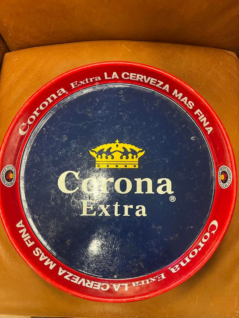 Stoer Corona dienblad voor de mancave, Ophalen of Verzenden, Gebruikt, Rond, Metaal