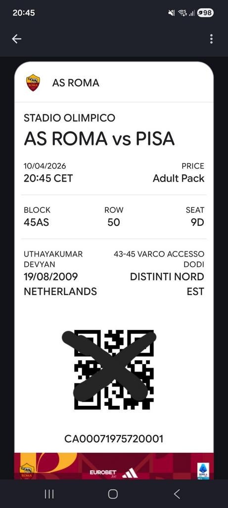 As roma-Pisa 4 tickets, Tickets en Kaartjes, Sport | Voetbal, Losse kaart, Drie personen of meer, April, Buitenland