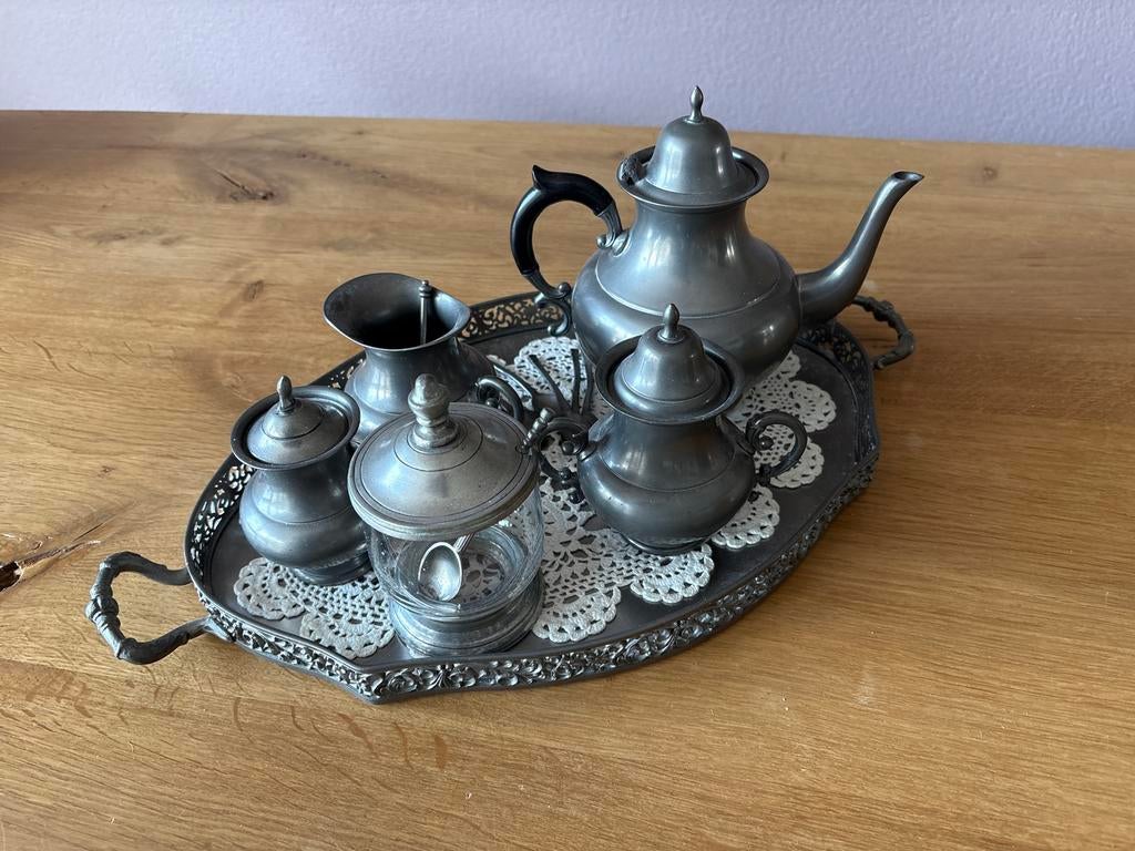 Antiek tinnen theeservies op dienblad, Antiek en Kunst, Antiek | Tin, Ophalen