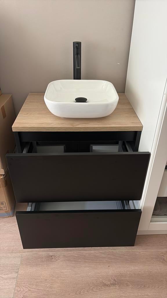 Tiger karlo badkamermeubel 60 cm mat zwart met eiken wasblad, Zo goed als nieuw, Minder dan 100 cm, Wasbak of Wastafel, 25 tot 50 cm