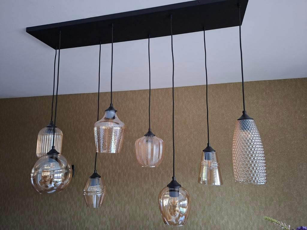Art Deco Plafondlamp met 8 Amberkleurige Glazen Hanglampen, Huis en Inrichting, Lampen | Hanglampen, Nieuw, Ophalen of Verzenden