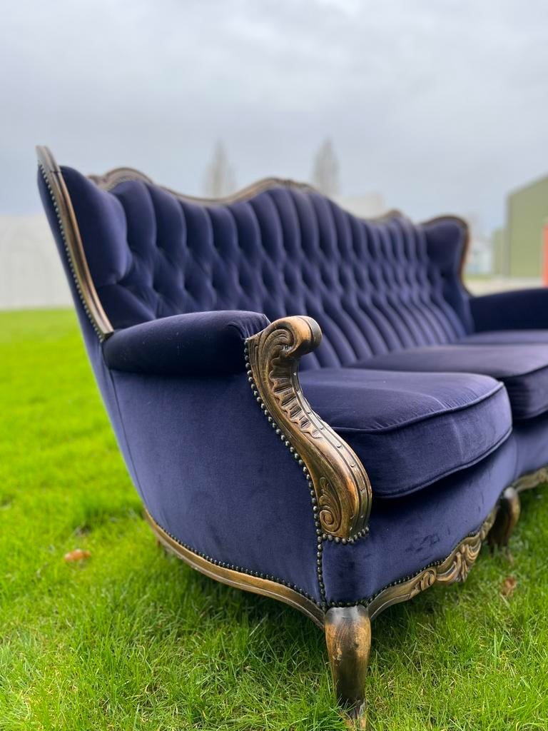 Luxe Barok Driezitsbank - Koningsblauw Fluweel, JV Design, Ophalen of Verzenden, Zo goed als nieuw, 75 tot 100 cm, Stof