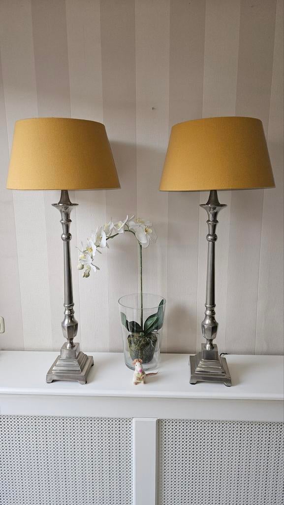 2 prachtige verzilverde lampen & lampenkap, Ophalen, Zo goed als nieuw, Rond