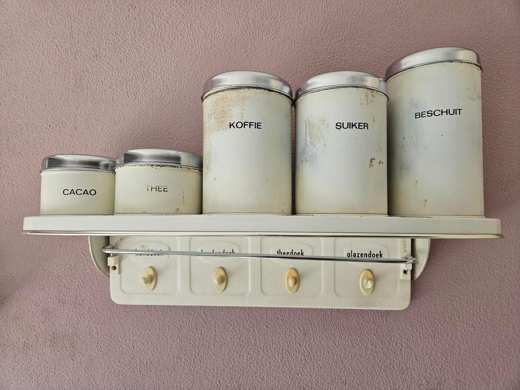 Vintage handdoekenrek met bussen - Jaren '50/'60, Ophalen of Verzenden, Metaal, Wit, Overige typen