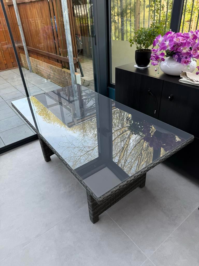 Tuintafel met glasplaat, Ophalen, Gebruikt, 100 tot 150 cm, 50 tot 75 cm