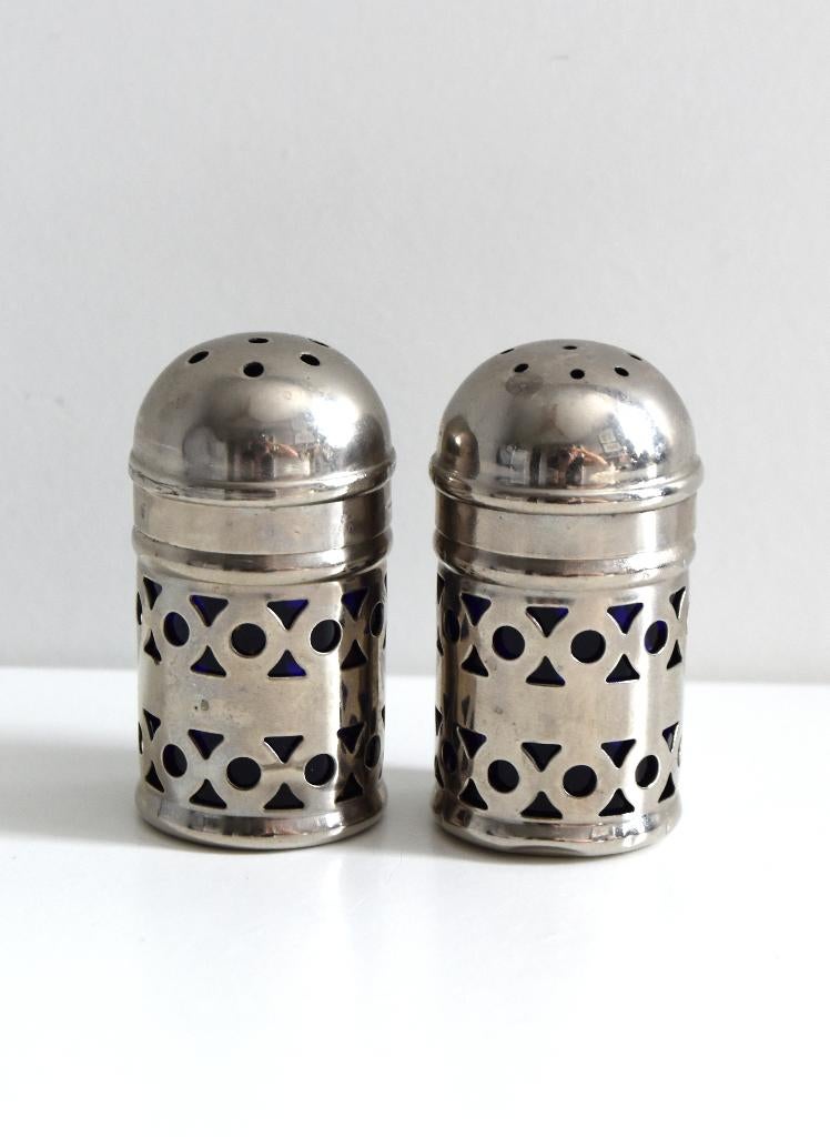 Antiek verzilverd peper en zout stelletje in prima staat., Ophalen of Verzenden