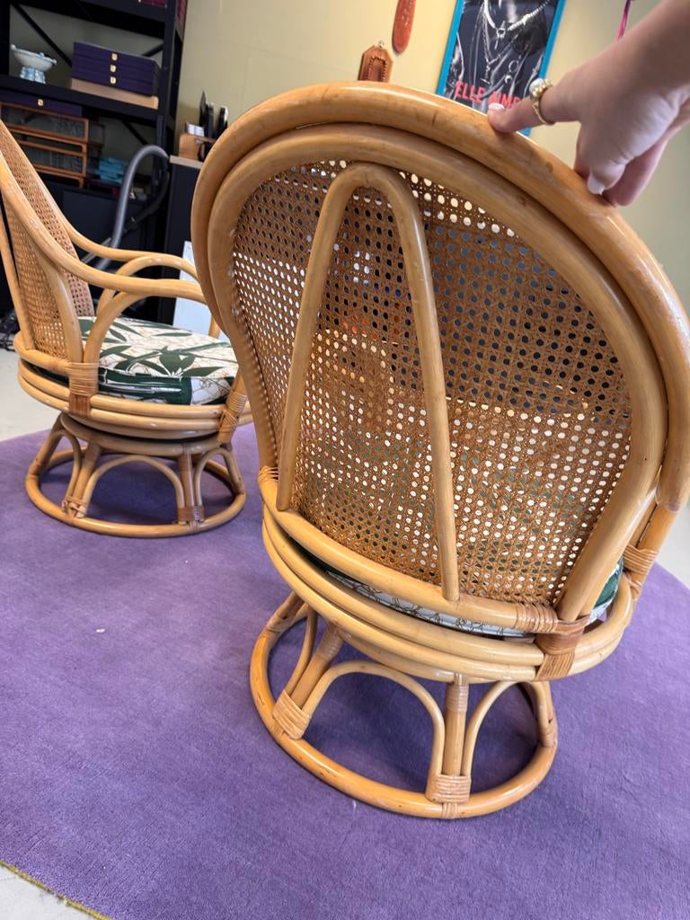 Vintage Bamboe Set: 2 Stoelen, Glazen Tafel & Kussens, Ophalen, Gebruikt, Twee, Bruin