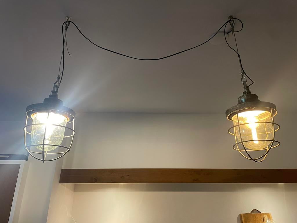 2 stallampen / hanglamp, Ophalen, Vintage industieel, Zo goed als nieuw, Glas