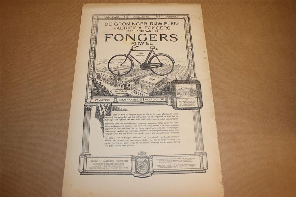Originele advertentie / affiche - Fongers rijwielen - 1928 !, Ophalen of Verzenden, Gebruikt, Overige typen