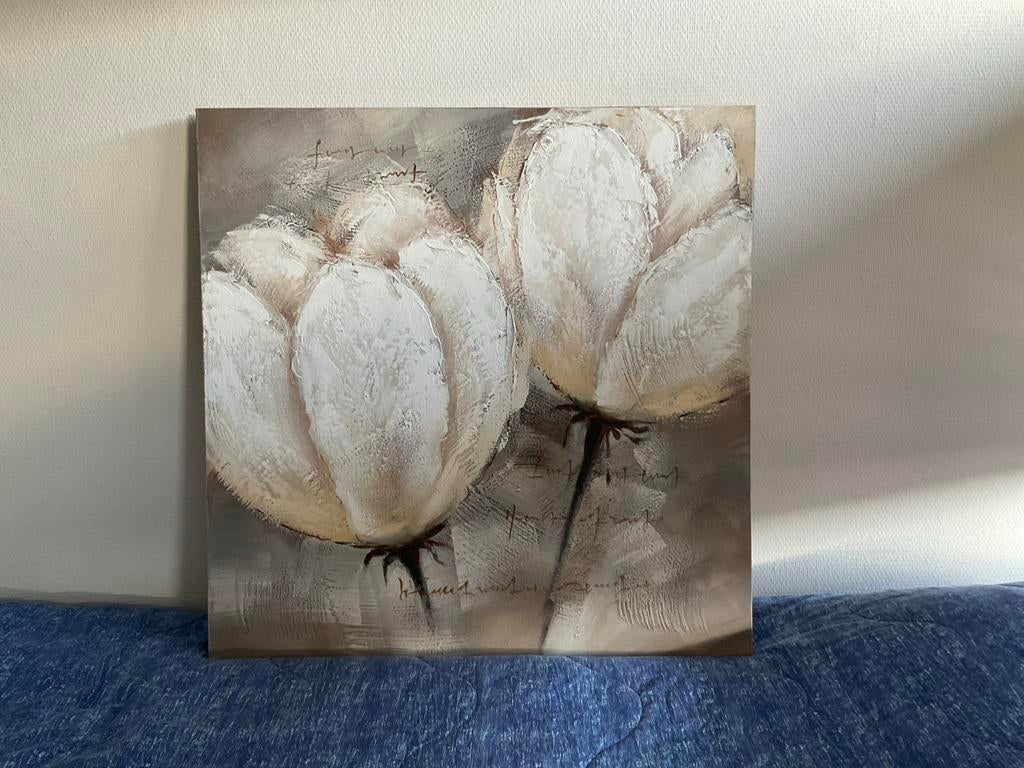 Schilderij op canvas - Bloemen in crème en taupe, Ophalen of Verzenden