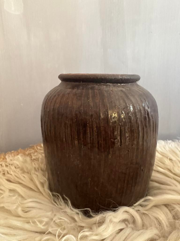 Vintage aardewerk pot vaas bruin glazuur, Antiek en Kunst, Curiosa en Brocante, Ophalen