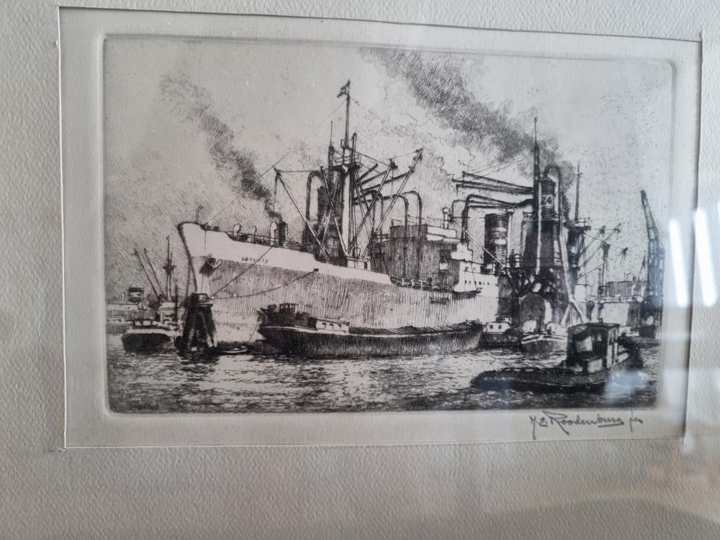 Prent van schepen - Henk Roodenburg, Antiek en Kunst, Kunst | Etsen en Gravures, Ophalen