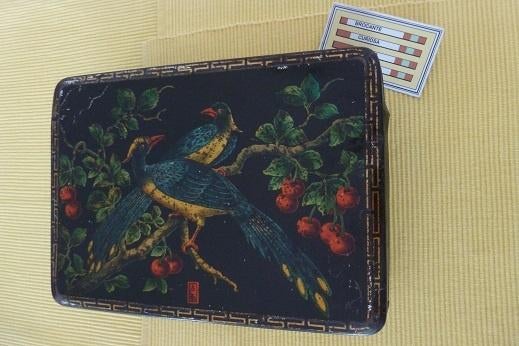 1890 / 1900 blik met pauwen / vogels antiek mooie afbeelding, Ophalen