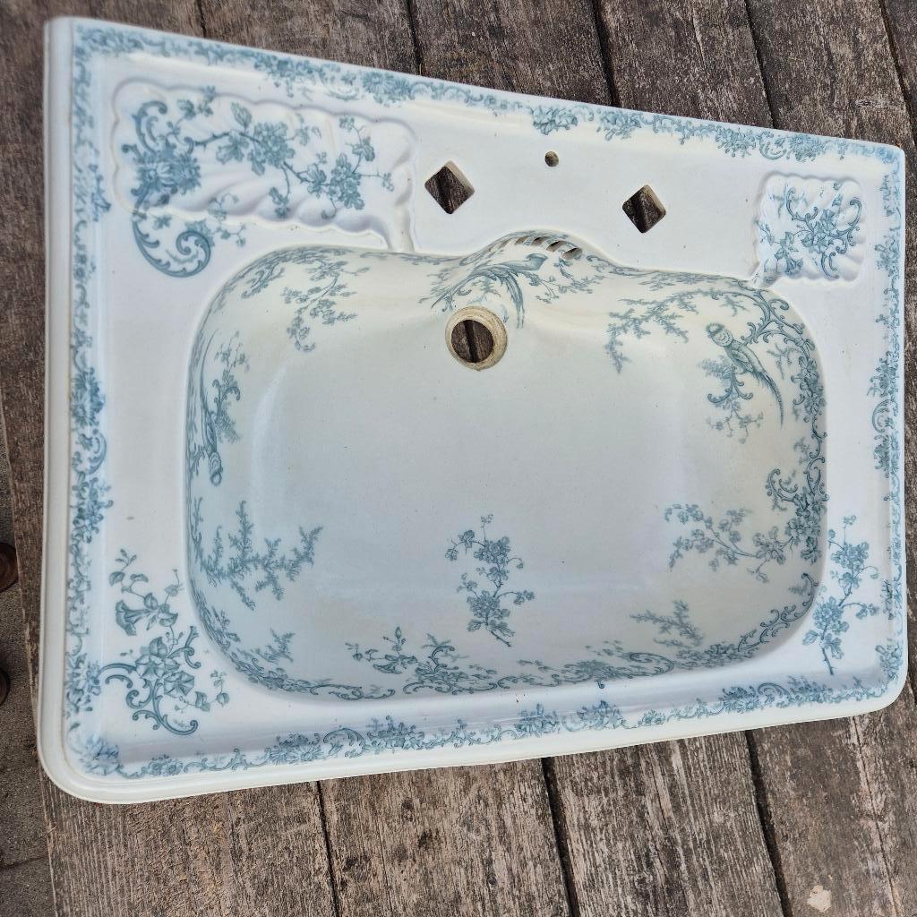 67,5x48,5 Unieke antieke wastafel turquoise blauw decor pauw