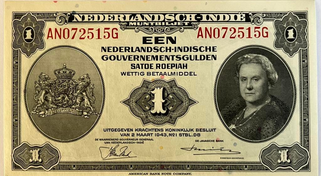 Nederlands-Indië een gulden 1943 UNC, Postzegels en Munten, Bankbiljetten | Nederland, Ophalen of Verzenden, 1 gulden, Los biljet